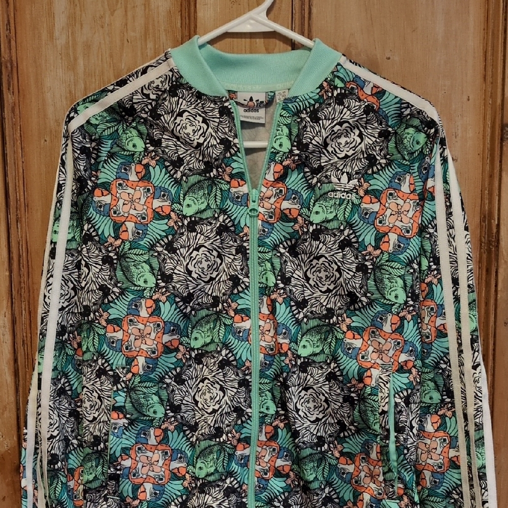 Adidas Women's Floral Bomber Jacket - Black, Green, Orange